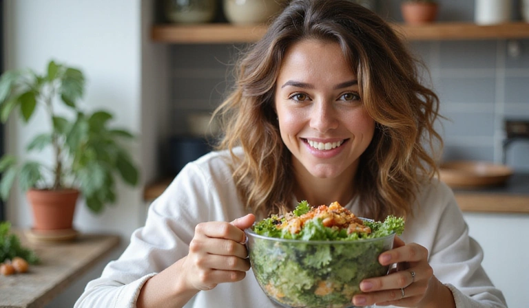 Una donna sorridente che mangia un'insalata fresca, simboleggiando la sfatazione dei miti sulle diete.
