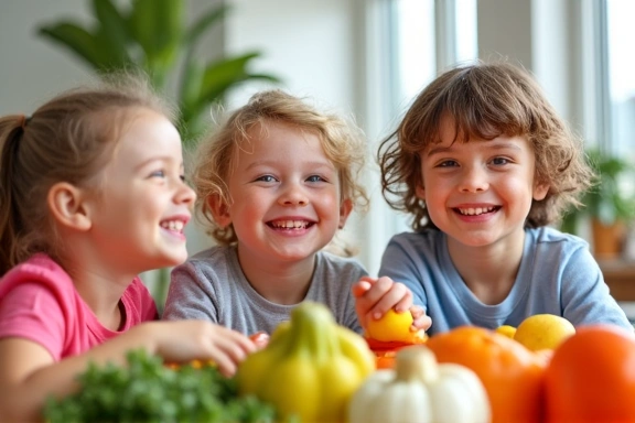 Bambini felici che mangiano frutta e verdura